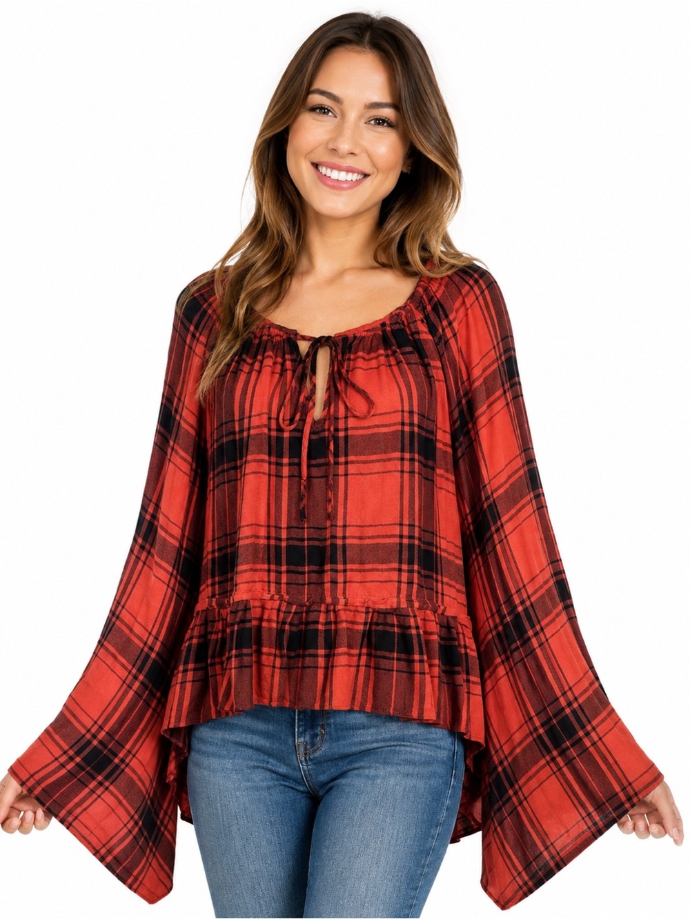 Copper Key Plaid Blouse L Bell Sleeve Fairy Grunge Boho Fall Peasant Cottagecore